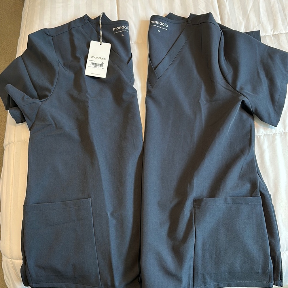 (XL Mandala 5 pocket scrub tops in steel. one NWT other NWOT.